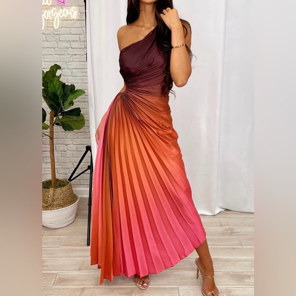 Luxxel One-Shoulder Gradient Dress in Pink and Orange